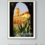 Affiche vintage de Meknes avec architecture marocaine et paysages colorés.