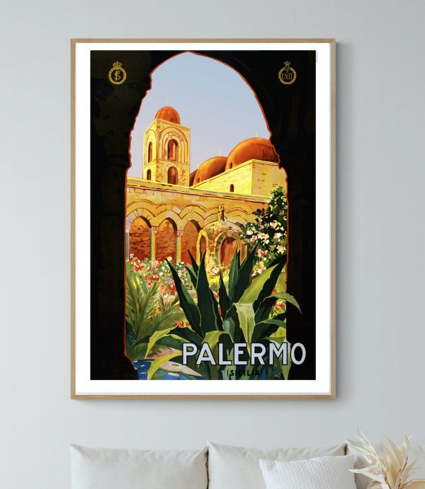 Affiche vintage de Meknes avec architecture marocaine et paysages colorés.