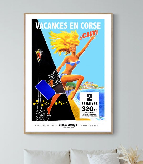 Affiche vintage promotionnelle pour des vacances à Calvi en Corse.