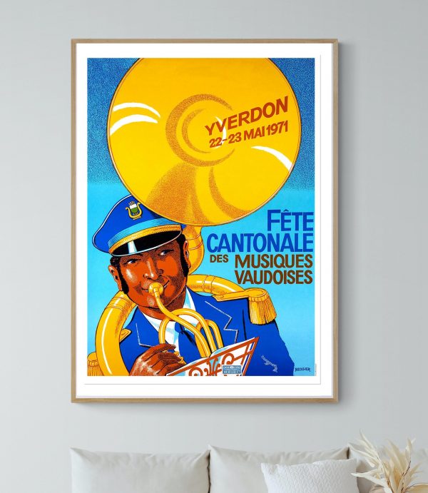 Affiche vintage de la Fête Cantonale des Musiques Vaudoises, Yverdon 1971.