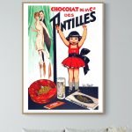 Affiche vintage publicitaire pour chocolat et nouilles, style rétro coloré.