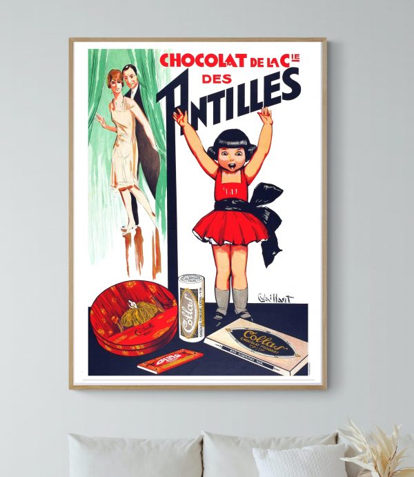 Affiche vintage publicitaire pour chocolat et nouilles, style rétro coloré.