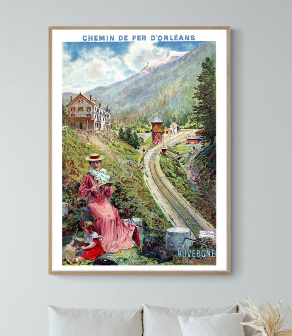 Affiche vintage de la région Touraine et Berry avec train et paysages montagneux.