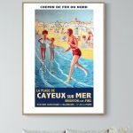Affiche vintage de la Semaine d'Aviation à Reims 1909, illustrant une scène de plage animée avec des.