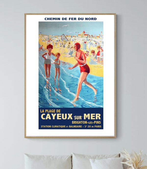 Affiche vintage de la Semaine d'Aviation à Reims 1909, illustrant une scène de plage animée avec des.