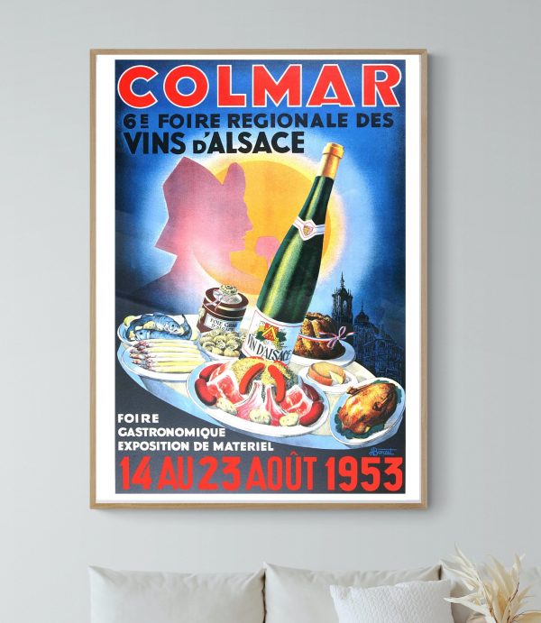 Affiche vintage pour la Foire des Vins d'Alsace de 1953 à Meknes.