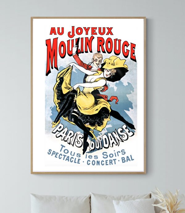 Affiche vintage du Moulin Rouge à Paris, illustrant la danse et le spectacle.