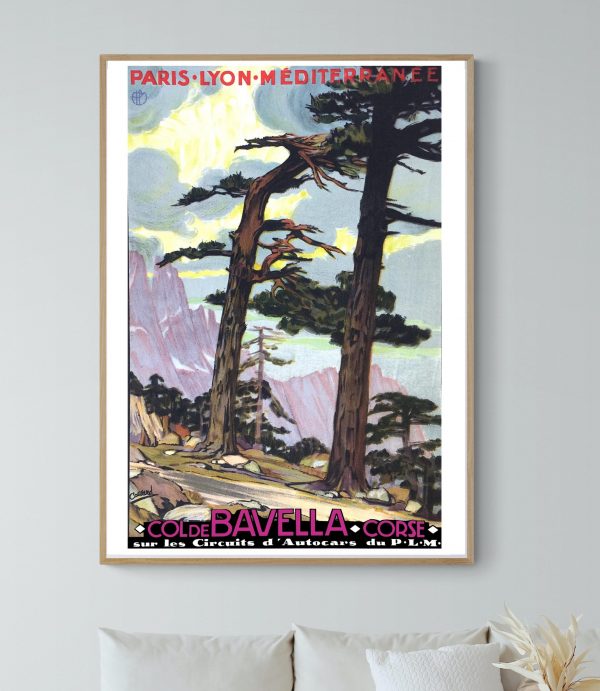 Affiche vintage représentant la Corse à Corte avec arbres et montagnes. Parfaite décoration pour ama.