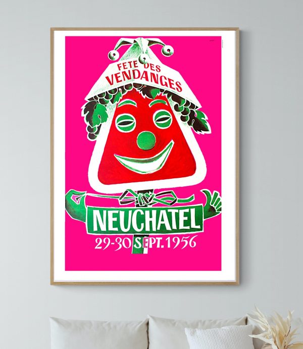 Affiche vintage Fête des Vendanges Neuchâtel, style rétro, couleurs vives, événement historique.