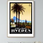 Affiche vintage de la Côte des Maures à Hyères, paysages méditerranéens colorés.
