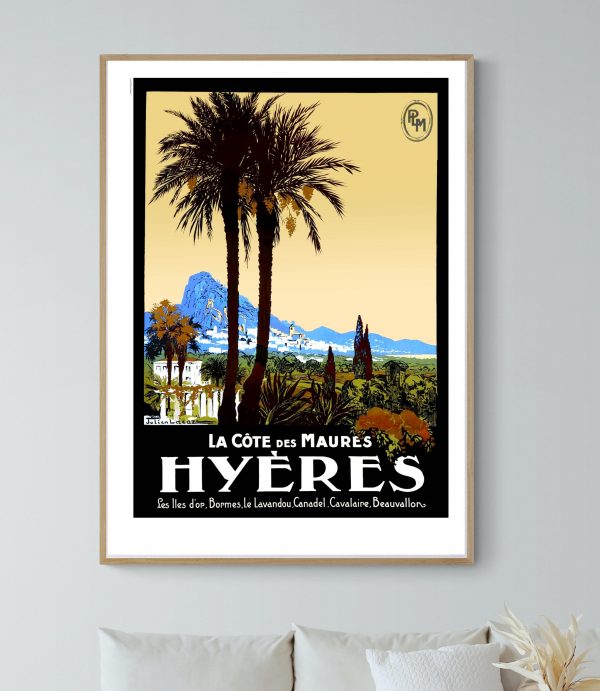 Affiche vintage de la Côte des Maures à Hyères, paysages méditerranéens colorés.