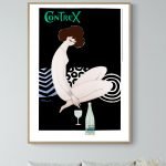 Affiche vintage artistique avec femme et bouteille, style rétro marocain.