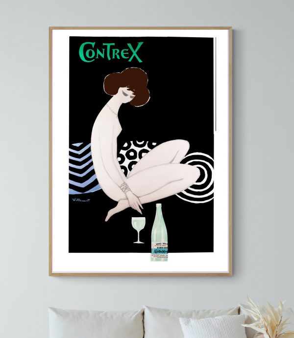 Affiche vintage artistique avec femme et bouteille, style rétro marocain.