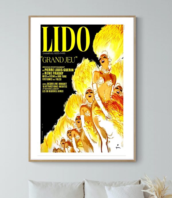 Affiche vintage LIDO avec danseuses en costumes colorés, idéale pour décoration rétro et ambiance fe.