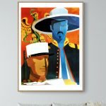 Affiche vintage représentant un voyage en Orient avec un marin et un dragon. Style artistique coloré.