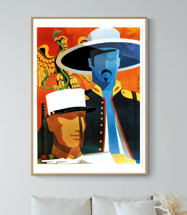 Affiche vintage représentant un voyage en Orient avec un marin et un dragon. Style artistique coloré.