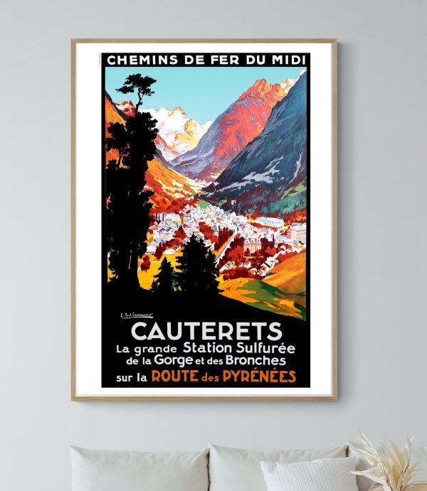 Affiche vintage de voyage représentant la gare de Cauterets dans les Pyrénées françaises.