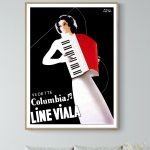 Affiche vintage de style musical avec femme et clavier, idéale pour décoration rétro.