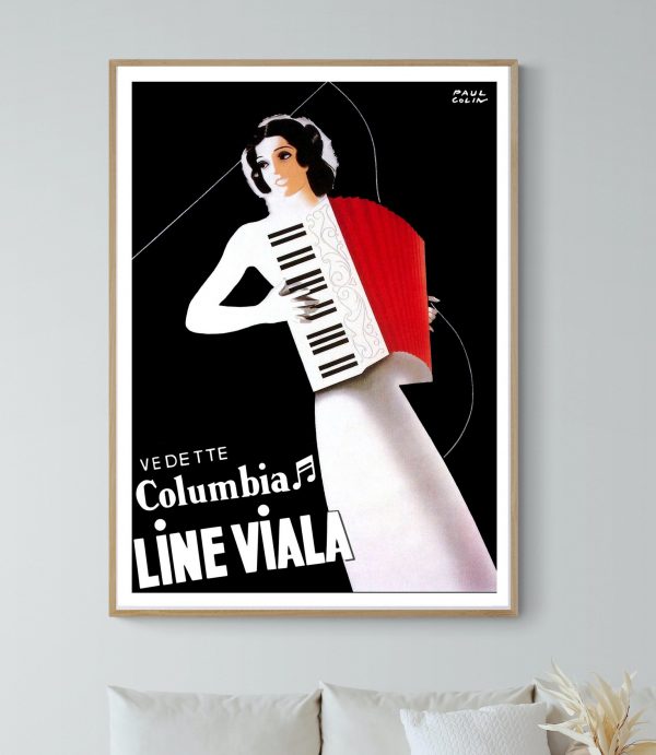 Affiche vintage de style musical avec femme et clavier, idéale pour décoration rétro.