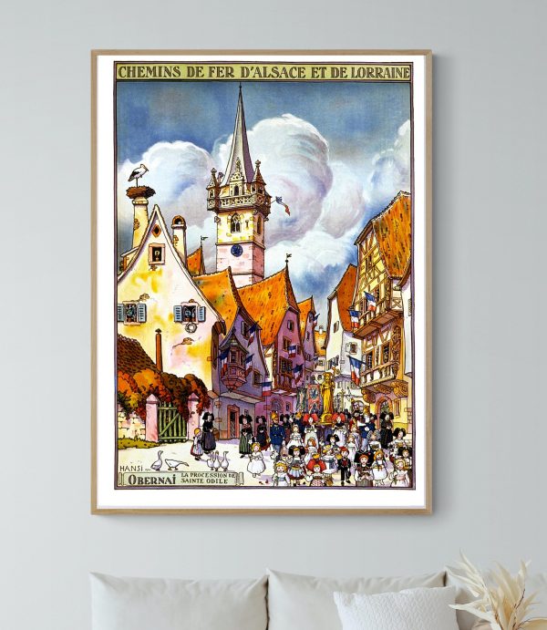 Affiche vintage du Bal des Étudiants de 1953, illustrant une scène festive dans une rue alsacienne a.