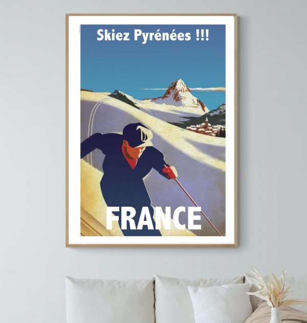 Affiche vintage représentant une scène de ski dans les Pyrénées françaises.