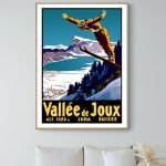Affiche vintage représentant un skieur en action dans la Vallée de Joux, Suisse, avec montagnes et l.