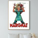 Affiche vintage publicitaire Margnat avec femme portant fruits et bouteille.