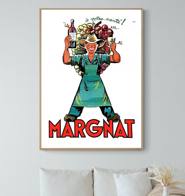Affiche vintage publicitaire Margnat avec femme portant fruits et bouteille.