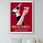 Affiche vintage MuscaBel vin mousseux, bouteille et verre à champagne, décoration rétro.