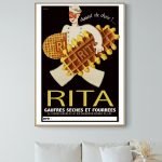 Affiche vintage de gaufres à la moutarde Dijon, style rétro, idéale pour décoration cuisine ou café.