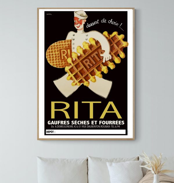 Affiche vintage de gaufres à la moutarde Dijon, style rétro, idéale pour décoration cuisine ou café.