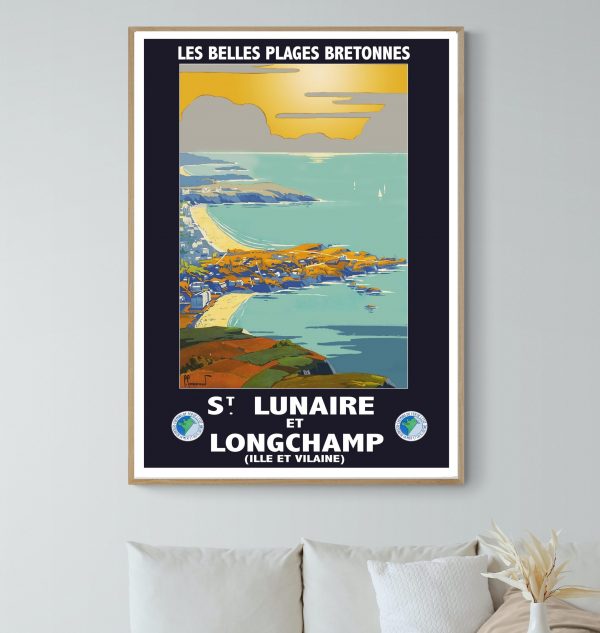 Affiche vintage de la Semaine d'Aviation à Reims 1909, illustrant les plages bretonnes et l'événemen.