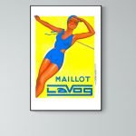 Panneau vintage avec femme en maillot de bain bleu, ambiance plage australienne.