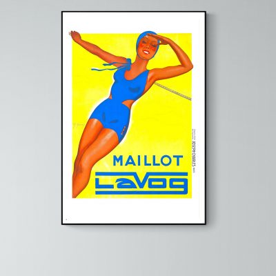 Panneau vintage avec femme en maillot de bain bleu, ambiance plage australienne.