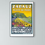 Affiche vintage de Zarauz, plage emblématique avec parasols colorés et paysages côtiers.