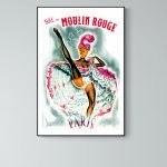 Affiche vintage du Moulin Rouge à Paris, illustrant une danseuse en costume coloré. Parfaite décorat.