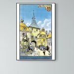 Affiche vintage du Bal des Étudiants de 1953, illustrant une scène festive dans une ville historique.