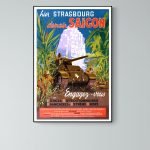 Affiche vintage de la visite de l'Extrême-Orient avec un tank et soldats dans la jungle.