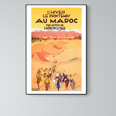 Affiche vintage de Meknes, Maroc, illustrant le désert et les caravanes de chameaux.