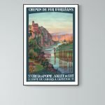 Affiche vintage représentant le Chemin de Fer d'Orléans dans la Vallée du Lot, avec paysages colorés.