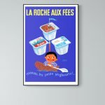 Affiche vintage La Roche aux Fées avec petits yaourts pour enfants.