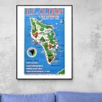 Affiche vintage de l'île d'Oléron, illustrant plages, forêts et sites touristiques.