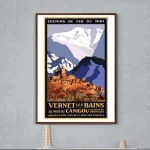 Affiche vintage de Vernet les Bains avec vue sur le Canigou, montagne emblématique des Pyrénées orie.