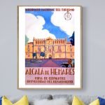Affiche vintage d'Alcala de Henares, ville universitaire de Cervantes, avec architecture historique.