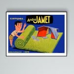 Panneau publicitaire vintage pour camping en Provence, avec tente et camping-car.