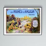 Affiche vintage des ruines d'Angkor, Cambodge, avec scène historique.