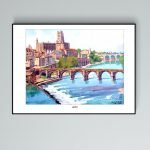 Affiche vintage d'une peinture représentant la ville d'Albi avec son pont et sa cathédrale. Idéal po.