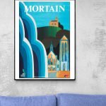 Affiche vintage de la Semaine d'Aviation à Reims 1909, illustrant un paysage avec église et collines.