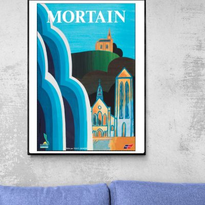 Affiche vintage de la Semaine d'Aviation à Reims 1909, illustrant un paysage avec église et collines.