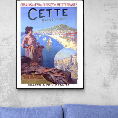 Affiche vintage de Bains sur Mer à Sete, illustrant une scène balnéaire méditerranéenne avec plage e.